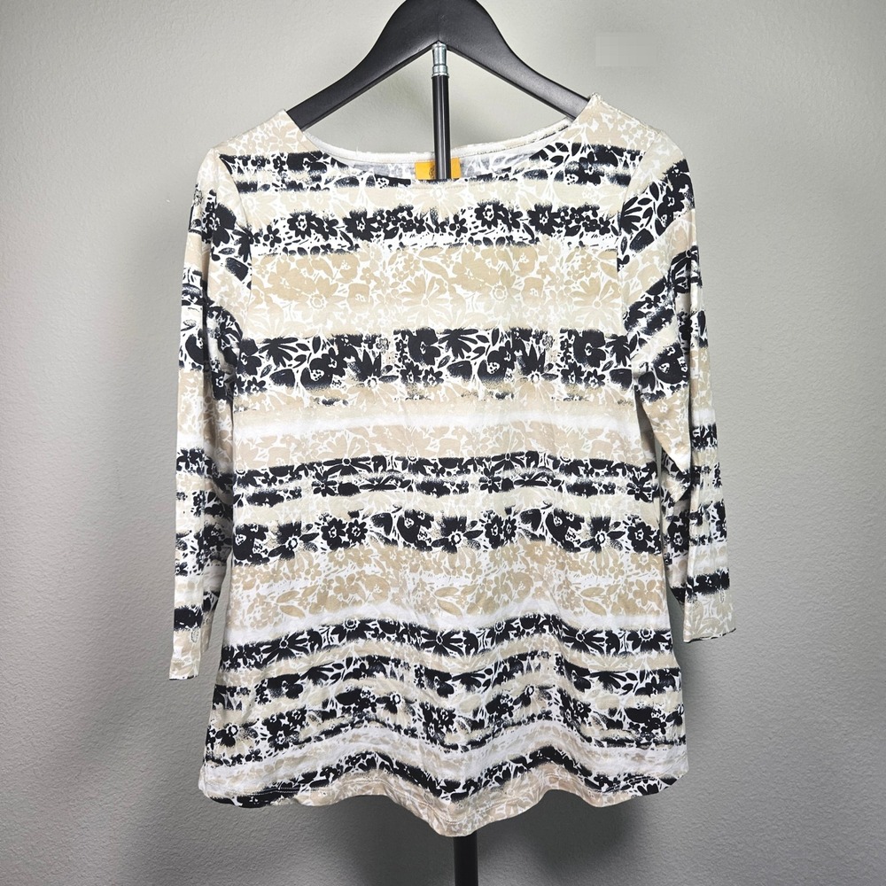 Ruby Rd Top Women M White Tan Black Floral Striped Boat Neck Casual Classic
